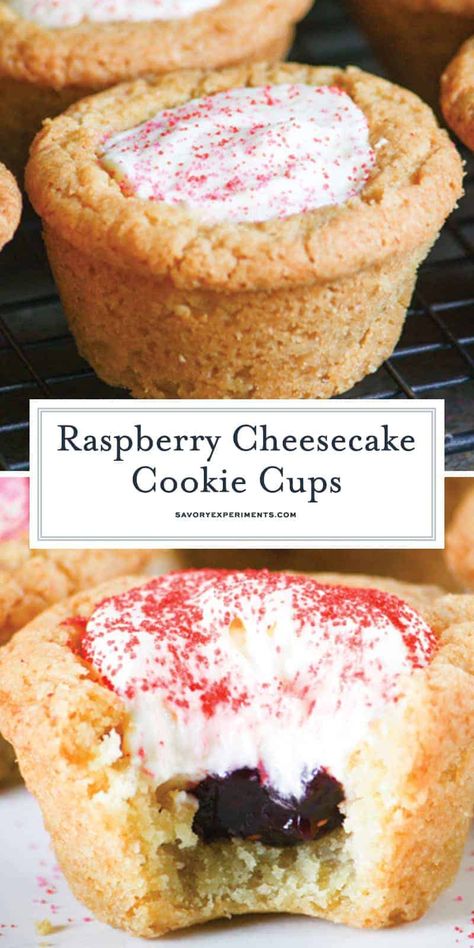 Cheesecake Cookie Cups, Cookie Tarts, Flavored Cheesecake, Chewy Sugar Cookie, Raspberry Cheesecake Cookies, Cheesecake Cookie, Sugar Cookie Cups, Cookie Cups Recipe, Mini Tarts