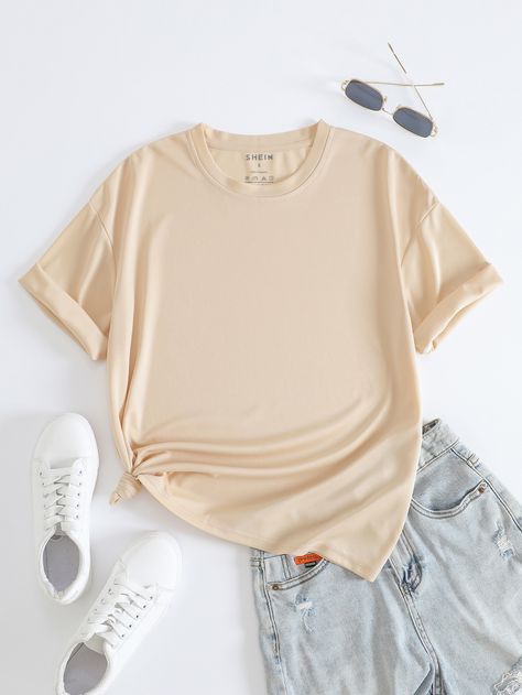 Apricot Casual Collar Short Sleeve Polyester Plain  Embellished Slight Stretch Spring/Summer/Fall Women Tops, Blouses & Tee Mens Parka Jacket, Beige T Shirts, Sports Pants Women, Hoodie Mockup, Drop Shoulder Tee, Sports Skirts, Clothing Mockup, Sleeveless Hoodie, Round Neck Tees