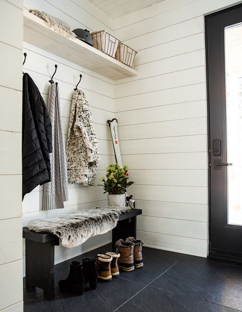 45+ Hardworking Hallways That Maximize Space & Style - House & Home Ski Cottage Winter Cabin, Ski Chalet Boot Room, Ski Entryway, Chalet Entrance Hall, Ski House Entryway, Chalet Entryway, Restoration Hardware Ski House, Ski House Decor Interiors, Modern Ski Chalet Interiors