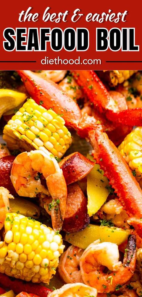 Follow my simple recipe to make the best seafood boil, ever! It's so delicious and juicy made with a hearty mix of sausage, crab, shrimp, and veggies, all cooked in a flavorful broth with garlic and butter. Dinner With Sausage, Easy Seafood Boil, Boiled Crab, Crab Boil Recipe, Smoked Seafood, Clams And Mussels, Seafood Boil Recipe, Seafood Broil, Shrimp And Veggies