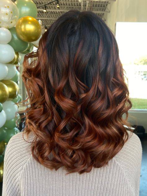 Dark Copper On Curly Hair, Copper Tone Highlights In Brown Hair, Cowboy Copper On Black Hair, Dark Brown Hair With Copper Bayalage, Copper Tips On Brown Hair, Dark Copper Highlights On Black Hair, Copper Ends On Brown Hair, Copper Brown Ombre Hair, Brown To Copper Ombre Hair