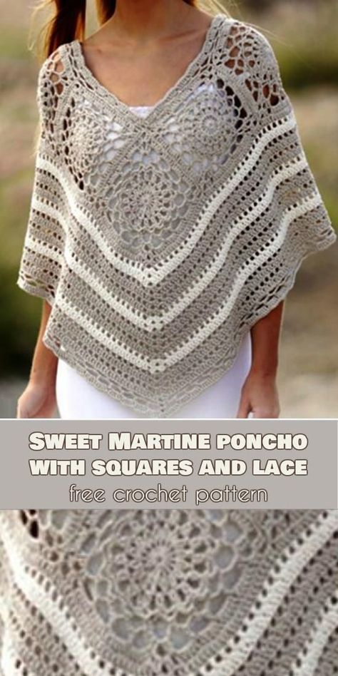 Sweet Martine Poncho with Squares and Lace [Free Crochet Pattern] | Your Crochet | Bloglovin’ Crochet Long Poncho Free Pattern, Crochet Poncho Free Pattern Woman, Crochet Poncho Patterns Easy, Crochet Clothes Tutorial, Granny Square Haken, Lace Poncho, Crochet Poncho Free Pattern, Poncho Crochet, شال كروشيه