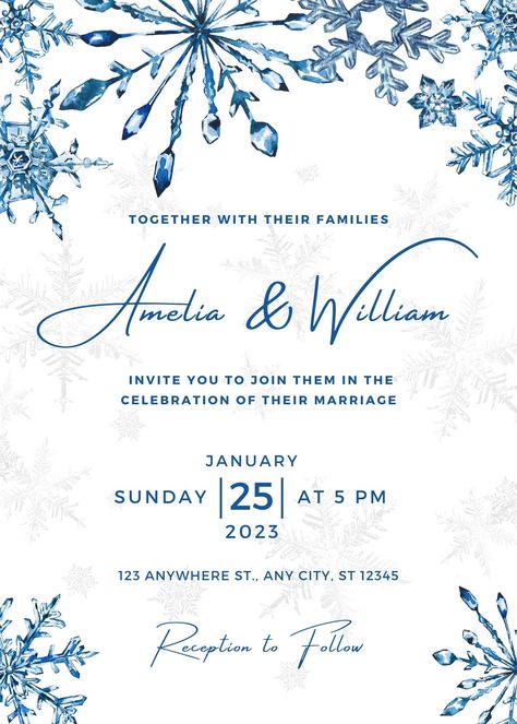 #blue #white #aesthetic #simple #wedding #watercolor #minimalist #invitation #weddinginvitation #snowflake #winter #invite #savethedate #season #snow #weddingtemplate #templatewedding #invitationwedding #winterwedding #weddingsnowflakes Winter Themed Wedding Invitations, Snowflake Wedding Invitations, Winter Invitation Template, Wedding Invitation Winter, Winter Wonderland Party Invitations, Winter Wonderland Invitations Templates, Invitaciones Aesthetic, Winter Party Invitations, Winter Wedding Invitations Snowflake