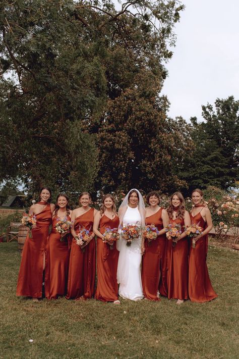 Burnt Orange Dress Jewelry, Bridesmaid Dresses Rusty Orange, Orange Red Bridesmaid Dresses, Evergreen And Burnt Orange Wedding, Orange And Purple Bridesmaid Dresses, Burnt Orange Bridesmaid Dresses Satin, Orange Bridesmaids Dress, Autumn Bridesmaid Dresses, Burgandy Bridesmaids Dress