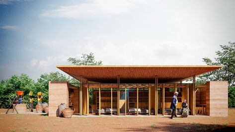 Tanzania House Design, African Architecture, African House, Roof Beam, Bamboo Architecture, Community Housing, Community Halls, Wood Architecture, Rammed Earth