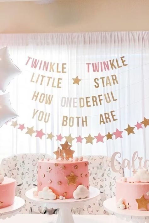 Twinkle Star Party, Twin Birthday Themes, Half Birthday Party, Pink And Gold Birthday, Gold Glitter Banner, 1st Birthday Girl Decorations, Twin Birthday Parties, 1st Birthday Party For Girls, Girls Birthday Party Decorations