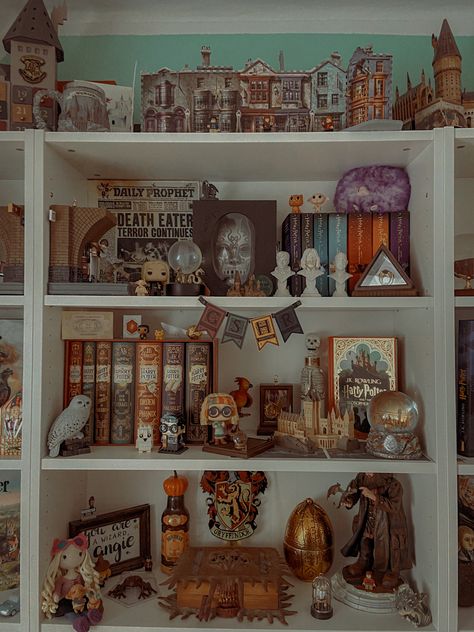 Harry Potter Themed Bookshelf, Harry Potter Bookshelf Ideas, Harry Potter Book Display, Harry Potter Bookshelf Display, Geek Bookshelf, Harry Potter Book Shelf Ideas, Aesthetic Harry Potter Room, Harry Potter Shelf Display, Harry Potter Shelves