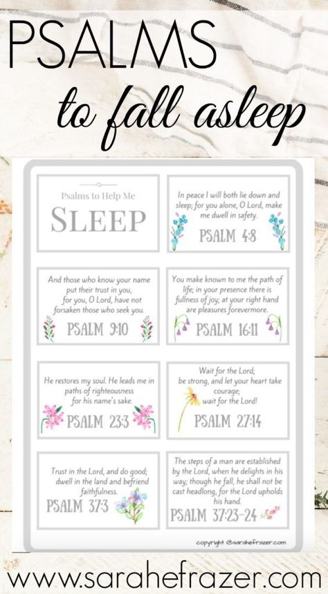 Do you struggle to fall asleep? These Psalms of comfort will help you fall asleep and rest in God each night. Grab these free Scripture cards to help you find comfort in God's presence. || Sarah E. Frazer #psalms #scripture #scripturecards #sarahefrazer Psalms For Sleep, Sleep Prayers, Sleep Inspiration, Free Scripture Cards, Sleep Prayer, Rest In God, God's Peace, God's Presence, Psalm 16