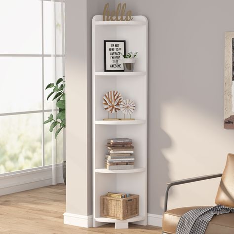 Tribesigns Corner Shelf, 5 Tier Wood Wall Corner Bookshelf with Anti-Slip Pad, Corner Storage Rack Shelves Display Plant Flower 【FREESTANDING CORNER STORAGE SHELF】: The shelves display dimensions are 11.8 x 11.8 x 63 inches. It weighs 33 pounds. This 5 tier corner bookshelf has a good amount of storage space, solid design and the style matches a lot of different furniture. 【MULTIFUNCTION WITH OPEN DESIGN】: Its multi-shelves structure allows you to keep not only the books but other items, such as White Corner Bookcase, White Corner Shelf, Bookshelf Corner, Corner Shelf Ideas, Corner Shelf Design, Wood Corner Shelves, Corner Storage Shelves, Corner Bookshelf, Shelves Display