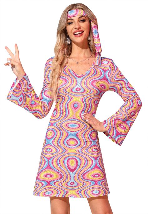 PRICES MAY VARY. Stand out at Halloween parties with our 70s Disco Sequin Party Go Go Dance Costume Outfit Dress, designed to sparkle and shine under the disco lights. Transport yourself back to the groovy era of the 70s with this costume, perfect for dancing the night away at themed parties and events. All eyes will be on you as you dazzle in this unique and eye-catching dress, filled with sequins and retro charm for the ultimate disco queen look. Whether you're hitting the dance floor or hosti Disco Halloween Costume, Mode Disco, Dress Masquerade, 70s Fashion Disco, 1970s Disco, Disco Fashion, Abstract Print Dress, 70s Hippie, Disco Dress