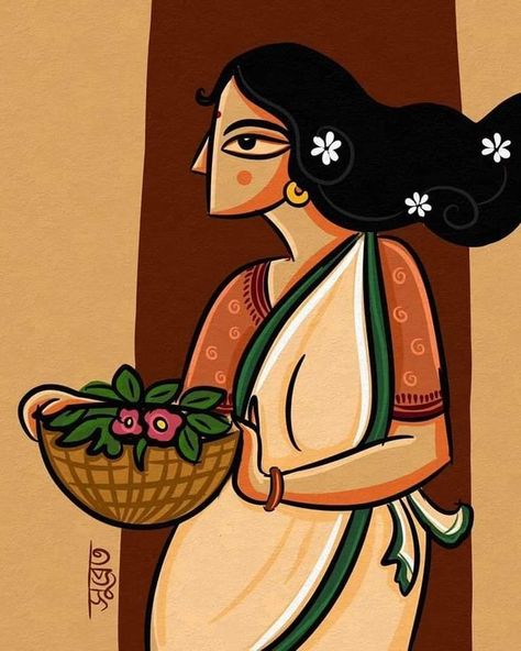 Bengali Decoration Ideas, Bengali Art Culture, Bangla Art, Bengali Art, Modern Art Canvas Painting, Lino Art, Indian Art Gallery, Acrylic Painting Flowers, Gouache Art