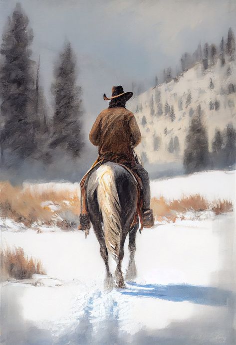 This stunning impressionist painting captures the rugged beauty of a cowboy and his horse riding through a snowy mountain landscape. The use of bold brushstrokes and rich colors brings this scene to life, making it a perfect addition to any home décor. This one-of-a-kind painting is sure to impress anyone who appreciates the beauty of nature and the Western way of life. Cowboy Horse Riding, Mountain Cowboy Aesthetic, Cowboy Paintings Western, Western Horse Painting, Rdr2 Painting, Horse Riding Painting, Trending Paintings, Snowy Paintings, Horse Riding Art