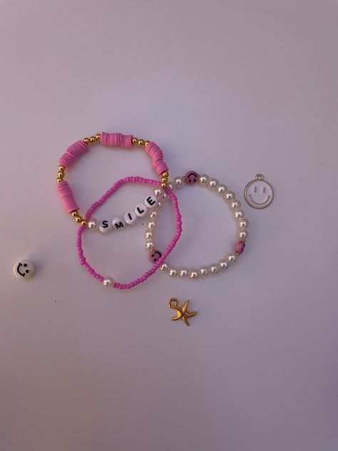 Pink Clay Bead Bracelet, Doing Skincare, Preppy Outfits Aesthetic, Tropical Preppy, Ocean Spa, Styled Jewelry, Bead Bracelet Stack, Pink Smiley Face, Pink Smiley