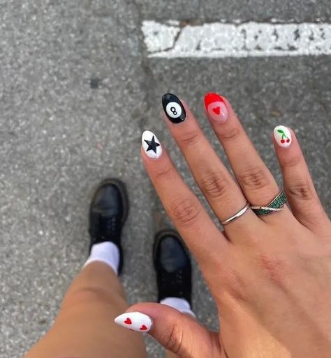 Retro Aesthetic Nails, 8ball Cherry Nails, 8 Ball Nails Short, 8 Ball Acrylic Nails, 8 Ball Cherry Nails, Nail Ideas 8 Ball, Magic Eight Ball Nails, 8 Ball Nail Design, Red 8 Ball Nails