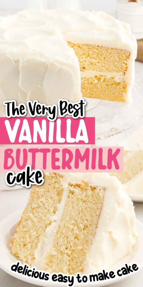 This is the best vanilla cake recipe you have ever tasted! The buttermilk adds some tanginess and keeps it ultra moist, while the vanilla buttercream adds extra sweetness and pairs perfectly with the cake. Vanilla Cake With Buttermilk, Vanilla Buttermilk Cake Recipe, Buttermilk Vanilla Cake Recipe, Brown Butter Vanilla Cake, Buttermilk Cake Recipes Homemade, Dense Vanilla Cake Recipe, Cake Using Buttermilk, Buttermilk Cake Recipes, Buttermilk Vanilla Cake