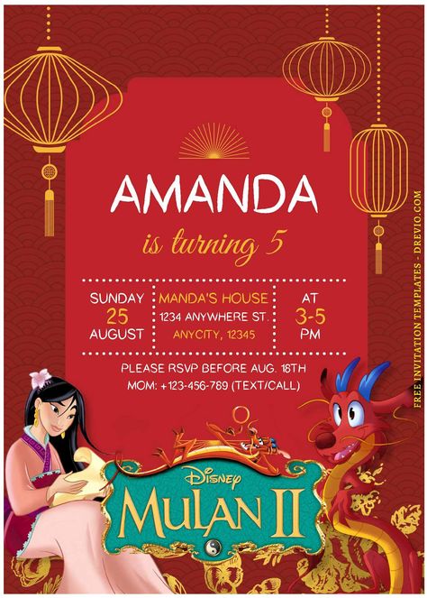 Free (Free Editable PDF) Festive Disney Mulan Birthday Invitation Templates           As a mom who's meticulously planned every detail of the upcoming party, from coordinating garlands to matching cutlery and even envisioning a del... Mulan Sweet 16 Theme, Mulan Themed Birthday Party, Mulan Party Ideas, Mulan Party, Mulan Birthday, Cinderella Birthday Invitation, Cat Birthday Invitations, Pink Girl Birthday, Minnie Mouse Birthday Invitations