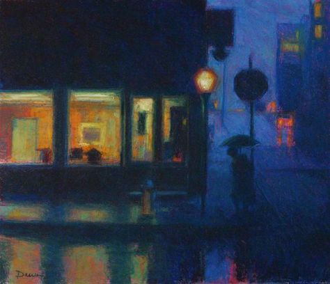 Doug Dawson Art, Contemporary Art Painting Galleries, Classical Art Paintings, City Paintings, Blue Art Painting, Nostalgia Art, Night Illustration, Street Painting, Nostalgic Art