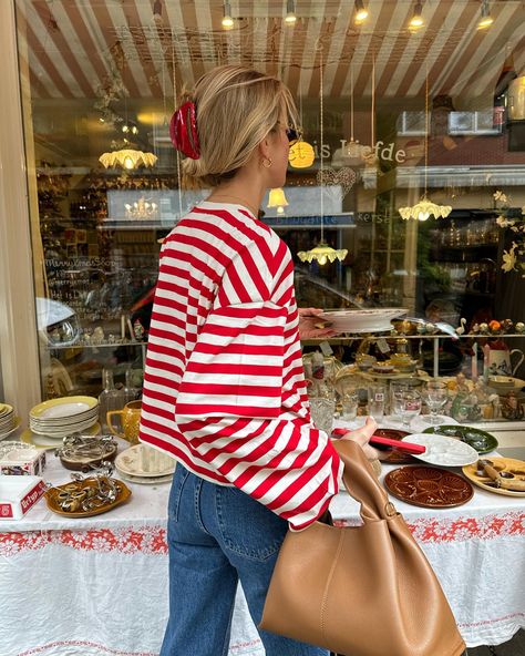 Even the food gets the trend 🥪🤭 stripes it is 🥤🍒🦋 wearing full blue & red outfit by @editedofficial ⭐️ #editedmuse Blue And Red Outfit Aesthetic, Red And Navy Blue Outfit, Orange Striped Shirt Outfit, Red Striped Top Outfit, Red Striped Shirt Outfit, Striped Long Sleeve Outfit, Sweater Tank Top Outfit, Blue And Red Outfit, White Striped Shirt Outfit