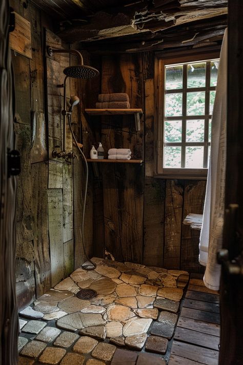 Medieval Style Bathroom, Tiny Boho Bathroom Ideas, Natural Wood Bathroom Ideas, 1800 Bathroom, Tiny Cabin Bathroom, Project Design Ideas, Rustic Cabin Bathroom, Tiled Bath, Forest Cottagecore