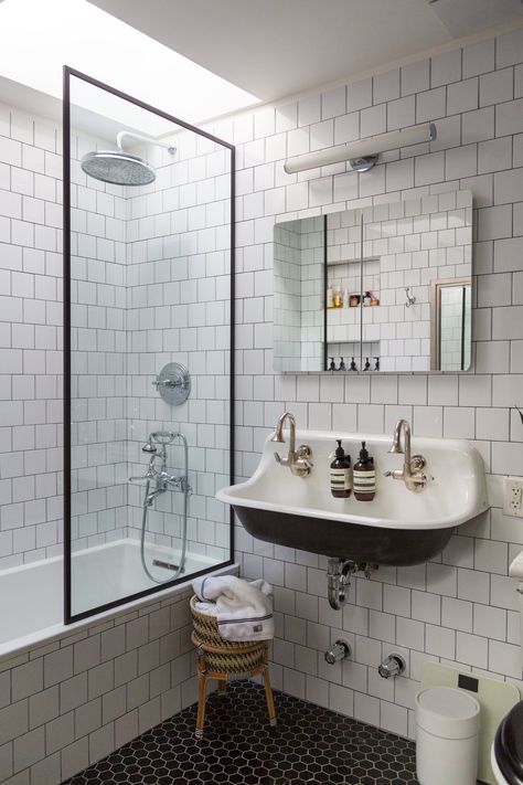 Babba Rivera Brooklyn Apartment House Tour  | Apartment Therapy Vintage Black And White Bathroom, Babba Rivera, Black And White Bathroom Floor, Tiny Bathroom Makeover, Jean Stoffer, Master Bath Tile, Bathroom Transformation, Brooklyn Apartment, Shower Floor Tile