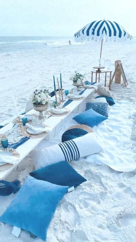 Blue and white Birthday Beach Picnic in Pensacola | Beach picnic, Beach picnic party, Beach dinner parties Birthday Beach Picnic, Blue And White Birthday, Beach Dinner Parties, Coastal Birthday, Beach Picnic Party, Picnic Party Decorations, Blue Picnic, Picnic Theme, Beach Dinner