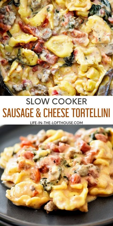 Tender sausage, cheese-filled tortellini, juicy tomatoes and hearty spinach come together to create this delicious Slow Cooker Tortellini and Sausage. Tortellini Recipes Crockpot, Slow Cooker Tortellini, Sausage Crockpot Recipes, Cheese Tortellini Recipes, Slow Cooker Sausage, Sausage Crockpot, Sausage Tortellini, Slow Cooker Beef Stroganoff, Italian Sausage Recipes