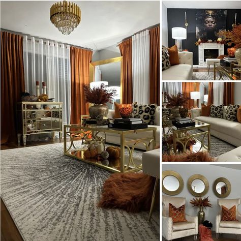 Modern Decor Pieces, Curtain Art, Gold Living Room Decor, Glam Living Room Decor, Elegant Living Room Decor, Fall Living Room Decor, Fall Living Room, Gold Living Room, Living Room Orange