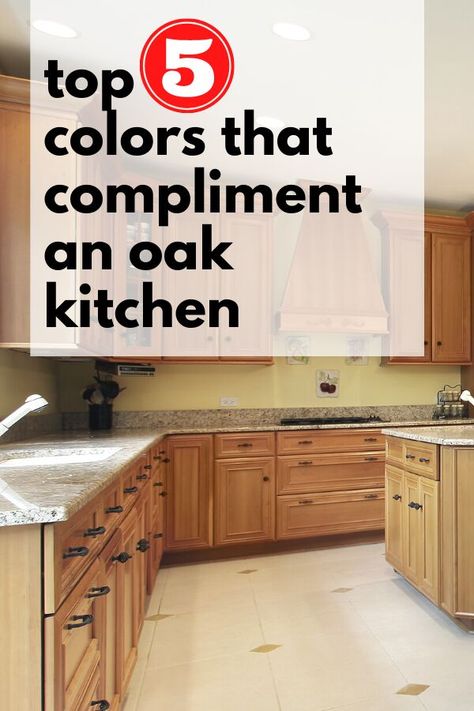 If you have Oak or Honey toned wood cabinets and want to refresh your kitchen, check out these top 5 neutrals paint colors such as soft blue-grays, greens and neutral beiges for walls, backsplash or kitchen decor home accents. This easy and cheap kitchen update ideas is quick and does not require to strip and paint kitchen cabinets. Countertops For Oak Kitchen Cabinets, Light Wood Kitchen Cabinets Wall Color, Paint Colors For Kitchen Walls With Oak Cabinets, Refresh Wood Cabinets, Oak Cabinets Green Walls, Oak Cabinet Kitchen Wall Color, Kitchen Paint Colors With Wood Cabinets, Green Kitchen Walls Oak Cabinets, Kitchen Backsplash Ideas Wood Cabinets