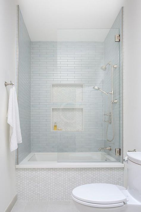 Marble Hex Tiles on Bathtub - Transitional - Bathroom Tiled Bathtub, Bathroom Tub Shower Combo, Bathtub Shower Combo, Bathroom With Tub, Shower Tiles, Bathroom Tub Shower, Bathtub Tile, Bathroom Remodel Designs, Bathroom Remodel Shower