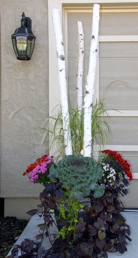 Birch pole fall potscapes / planters Birch Crafts, Door Planters, Summer Planters, Front Door Planters, Summer Planter, Door Planter, Fall Container Gardens, Spring Planter, Porch Plants