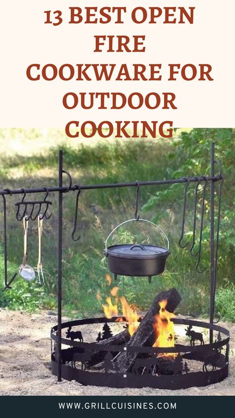 "Gear up for your next outdoor adventure with the 13 best camping cookware sets for open fire cooking! From durable pots and pans to compact utensil kits, find everything you need to create delicious meals over the flames. Elevate your camping cuisine and make memories around the campfire! 🔥⛺️ #CampfireCooking" Open Fire Cooking Outdoors, Live Fire Cooking, Outdoor Fire Pit Cooking, Campfire Cooking Equipment, Open Flame Cooking, Camping Cooking Gear, Spit Rotisserie, Campfire Grill, Cookware Essentials