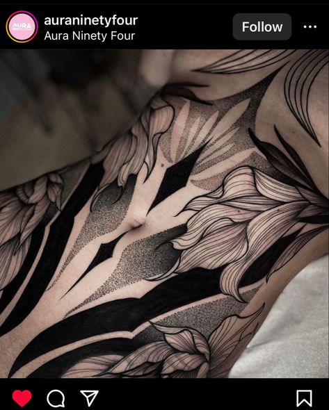 Cover Up Tattoo Black And Grey, Black Out Stomach Tattoo, Full Front Tattoos For Women, Elegant Cover Up Tattoos, Neotrad Stomach Tattoo, Abstract Stomach Tattoo, Giant Back Tattoo, Strechmark Cover Up Tattoo, Stomach Ornamental Tattoo