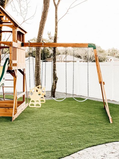 Artificial Turf Backyard, Playground Backyard Diy, Outdoor Play Set, Playground Turf, Artificial Grass Backyard, Turf Backyard, Backyard Pool Design, Playground Landscaping, Turf Installation