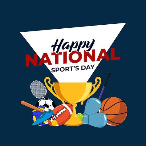 National sport day, sporting equipment background design template vector Trophy Background, National Sport Day, Sport Background, School Sports Day, National Sports Day, Sports Decor, Sport Design, Sports Day, Sports Decorations