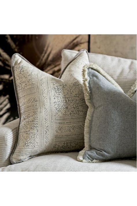 Gray Wool Cushion with Metallic Fringe | Andrew Martin York | OROA Sophie Paterson Interiors, Sophie Paterson, Rustic Mediterranean, Headboard Styles, Andrew Martin, Pillow Arrangement, Animal Print Wallpaper, Wool Cushion, Feather Pillows