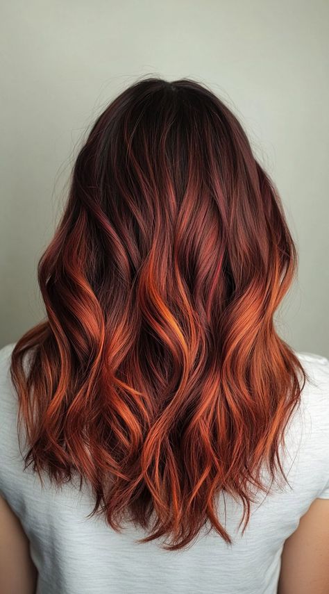 17 Red Copper Balayage Ideas: Stunning Ways to Add Warmth and Style to Your Hair Dark Hair With Orange Highlights, Dark Copper Hair Balayage, Dark Hair Copper Highlights, Brown Roots Red Hair, Light Brown And Red Hair, Red Streak In Brown Hair, Dark Copper Hair With Blonde Highlights, Natural Red Hair With Lowlights, Red Streaks In Brown Hair