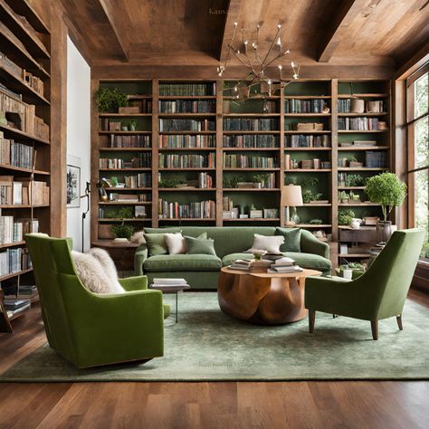 In a contemporary library bathed in muted light, Rustic furniture whispers stories of bygone nights. Sage green decor weaves tales, a tranquil reading delight. Contemporary Home Library, Sage Green Library Aesthetic, Sage Green Library Room, Forest Green Library, Small Room Library Ideas, Organic Library, Sage Green Bookshelf, Modern Farmhouse Library, Green Library Room