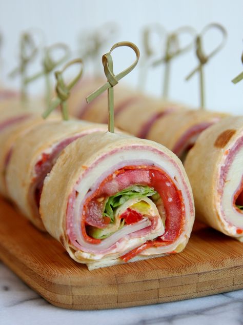 Italian Sandwich Roll-Ups - Happy-Go-Lucky Sandwich Roll Ups, Garden Party Recipes, Pinwheel Appetizers, Tortilla Rolls, Italian Sandwich, Pinwheel Recipes, Stuffed Banana Peppers, Delicious Sandwiches, Tea Sandwiches