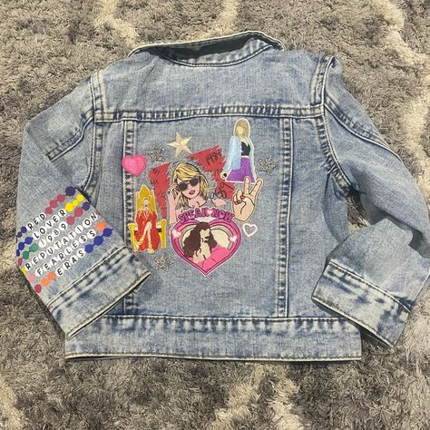 Custom-Made Denim Jacket For The Ultimate Taylor Swift Fan Fits Ages 2 To 3 Years Old No Return Available Friendship, Bracelets On Both Sleeves Printed On Vinyl - Hand Press Patches On Back Taylor Swift Inspired Jean Jacket, Taylor Swift Embroidery Pattern, Taylor Swift Jacket Diy, Eras Tour Jean Jacket, Custom Denim Jacket Paint, Taylor Swift Denim Jacket, Taylor Swift Jean Jacket, Taylor Swift Jacket, Jean Jacket Art