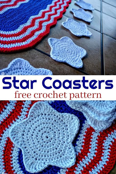 Star Coaster Crochet Pattern, Americana Crochet, Patriotic Crochet, Coaster Crochet Pattern, Dish Scrubbies, Coasters Crochet, Kitchen Crochet, Coaster Crochet, Crochet Holiday