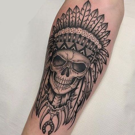 Headdress Tattoo Men, Skull Forearm Tattoo Men, Skull Indian Tattoo, Native Skull Tattoo, Native Tattoo For Men, Skull With Headdress Tattoo, Indian Skull Tattoo Design, Skull Indian Headdress Tattoo, Mens First Tattoo Ideas