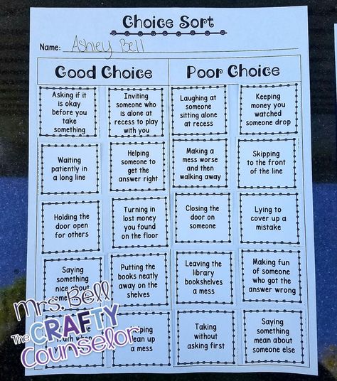 Teaching students the difference between good choices and poor choices is crucial, especially at a young age. Making sure that students can... Making Good Choices, Behavior Reflection, Emotions Activities, Making Choices, Social Emotional Activities, Choices Game, Behavior Supports, Cvce Words, Counseling Lessons