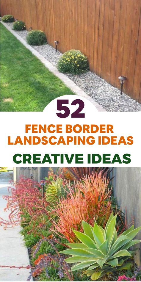 Enhance your outdoor oasis with creative fence border landscaping tips! Elevate your yard with a mix of vibrant flowers and greenery along the fence perimeter. Explore using climbing plants such as clematis or jasmine for added charm and privacy. Opt for easy-to-maintain ornamental grasses or shrubs to enjoy beauty throughout the year. Add decorative touches like trellises, hanging baskets, or outdoor artworks to elevate the visual appeal. Backyard Fence Border Ideas, Front Of Fence Landscaping, Landscape Ideas Along Fence Backyards, Plants By The Fence, Backyard Fence Edging Ideas, Landscaping Outside Of Fence, Backyard Perimeter Ideas, Planter Along Fence Line, Around Fence Landscaping