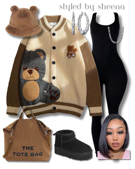 Cute Chill Outfits Black Women Winter, Cute Outfits With Cardigans, Bear Outfit Aesthetic, Fall Outfits With Cardigans, Trendy Baddie Outfits, Winter Fits Baddie, Cardigan Outfit Fall, Amazon Fall Outfits, Teddy Bear Cardigan