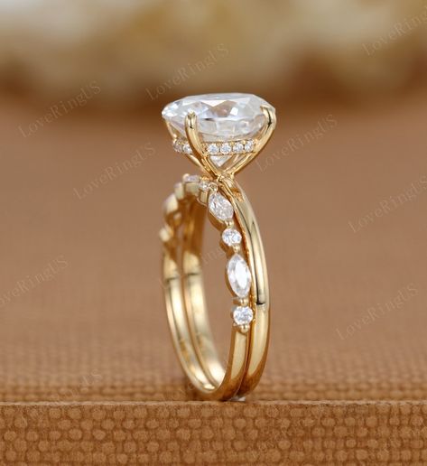 3ct Oval Moissanite Engagement Ring Set Yellow Gold Vintage - Etsy