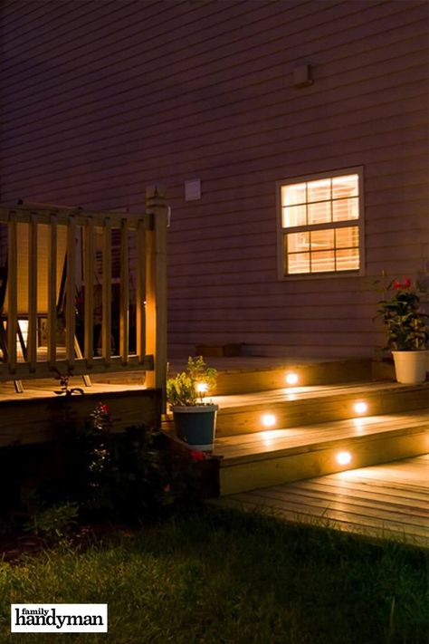 12 Most-Bang-for-Your-Buck Home Improvement Projects Steps Garden, Under Umbrella, Solar Step Lights, Solar Fence Lights, Led Deck Lighting, Stair Lights, Decking Area, Solar Deck Lights, Steel Deck