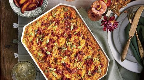 Spicy Cornbread Dressing with Chorizo Spicy Cornbread, Cornbread Dressing Southern, Dressing Recipes Cornbread, Cornbread Stuffing, Southern Cornbread, Jalapeno Recipes, Homemade Cornbread, Cornbread Dressing, Stuffing Recipes