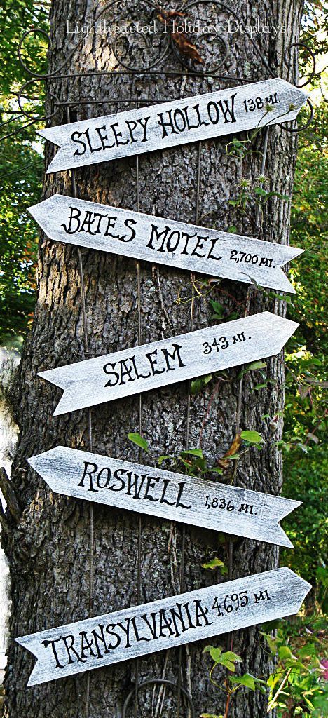 Point out spooky attractions near and far with a homemade sign post hung up on a tree. Other potential destinations to point out to your trick-or-treaters? Amityville, Elm Street and Frankenstein's Castle. Click through for more on this and other outdoor Halloween decorations. Diy Halloween Dekoration, Festive Halloween Decor, Halloween Decor Diy, Homemade Signs, Hallowen Ideas, Casa Halloween, Halloween Memes, Diy Halloween Decor, Harry Potter Halloween