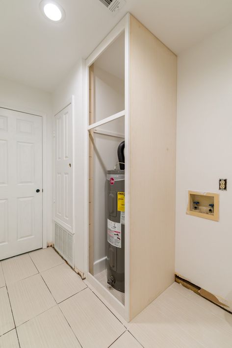 Custom hot water heater cabinet Conceal Hot Water Heater, Laundry Room Ideas With Hot Water Heater, Hide Boiler In Laundry Room, Laundry Room Ideas With Water Heater, Cover Up Water Heater, Cover Water Heater Ideas, Hide Hot Water Heater In Laundry Room, Hide Hot Water Heater, Water Heater Cover Ideas