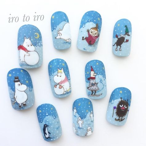 Moomin Nail Art, Moomin Nails, Moomin Cartoon, Kawaii Nail Art, Crazy Nails, Kawaii Nails, Short Nail Designs, Christmas Nail, Mani Pedi